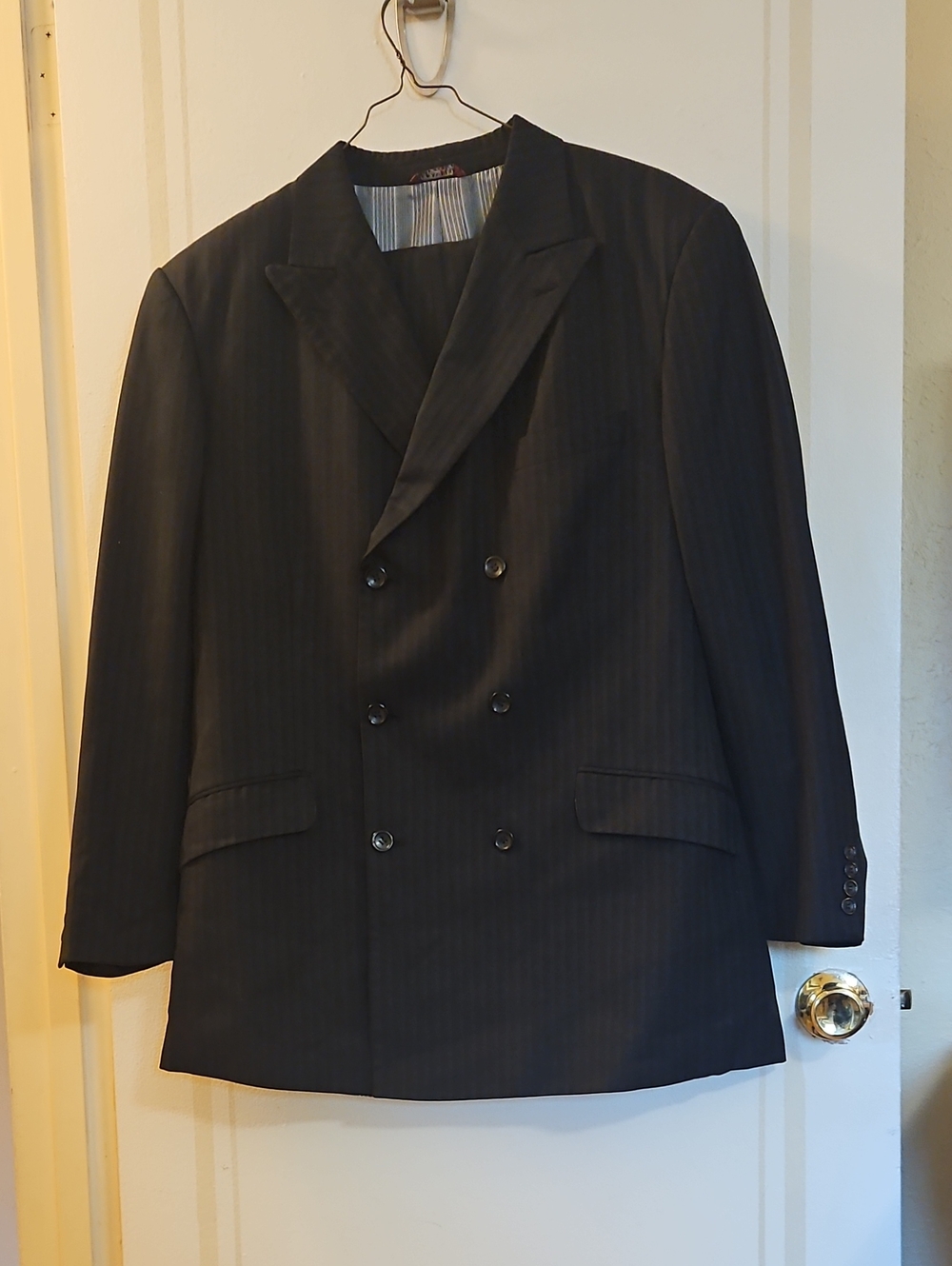42R, 6-Button Caravelli Double Breasted Black Suit with Blue Pinstripes